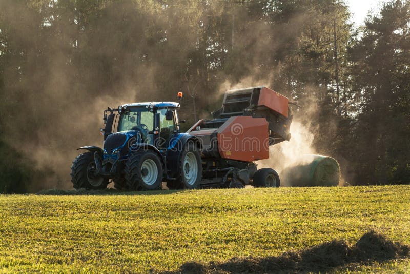 Blue Tractor on the Pasture.. Agricultural Work on the Farm in the