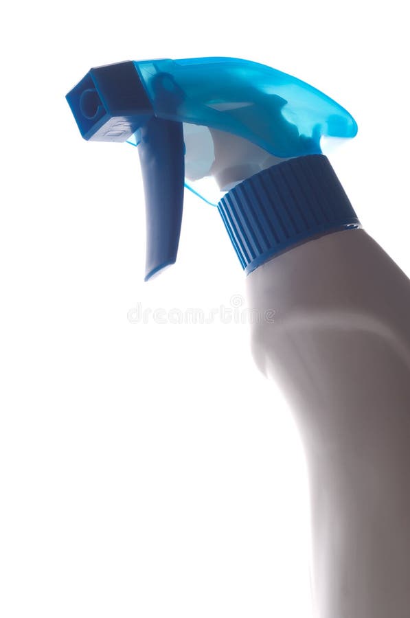 Blue transparent spray bottle on white background stock image