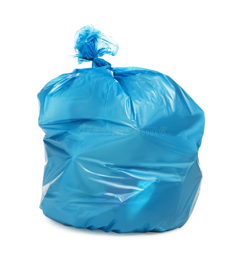 Blue Trash Bag Filled with Garbage Isolated on White Stock Photo