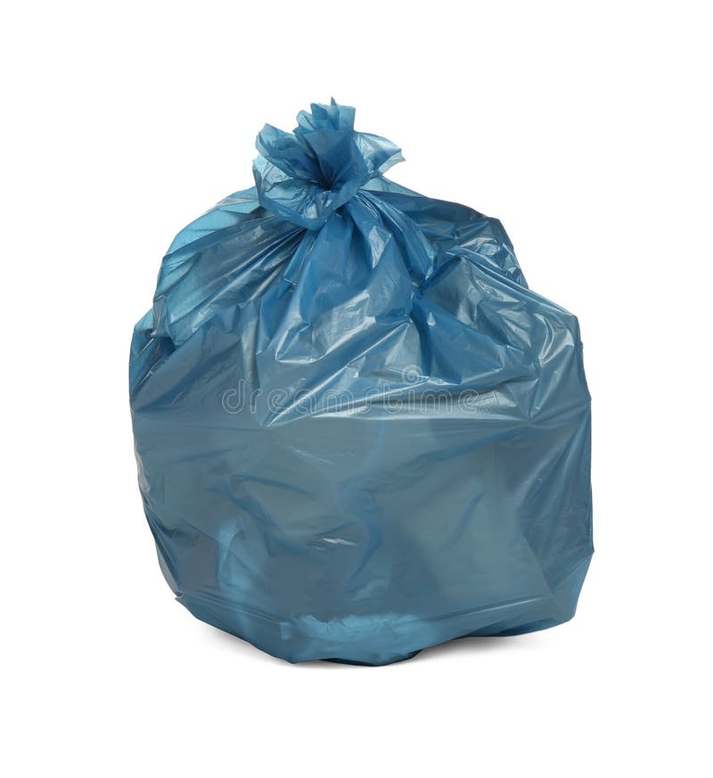 Blue Trash Bag Filled with Garbage Isolated on White Stock Image