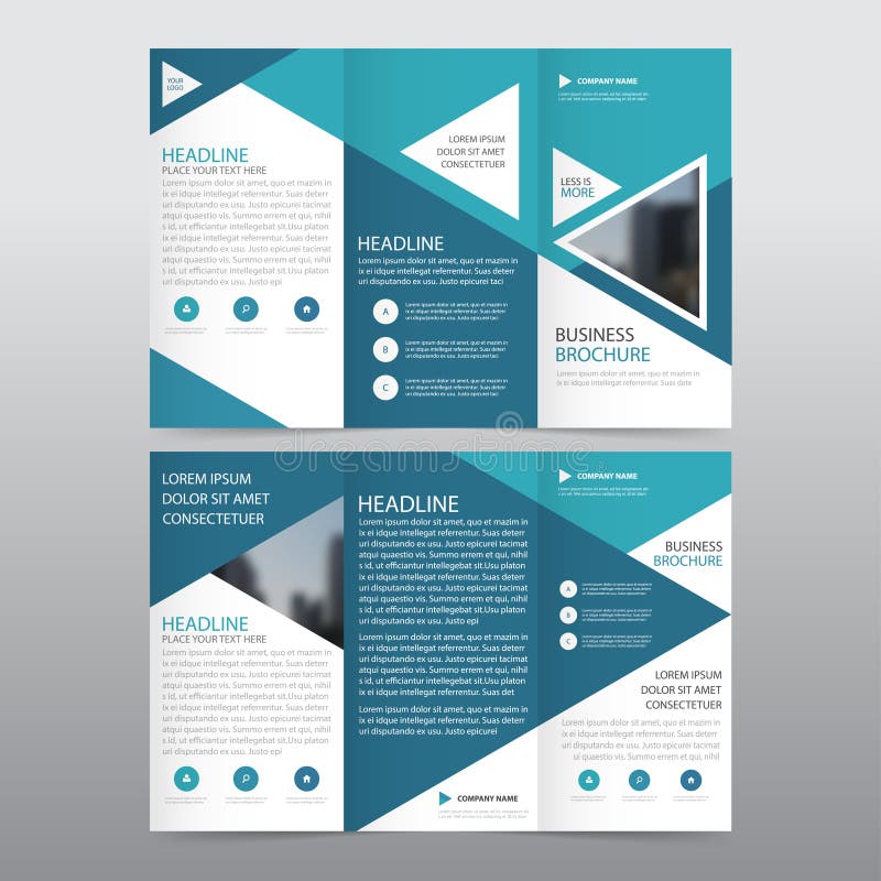 Blue triangle business trifold Leaflet Brochure Flyer report template vector minimal flat design set, abstract three fold royalty free illustration