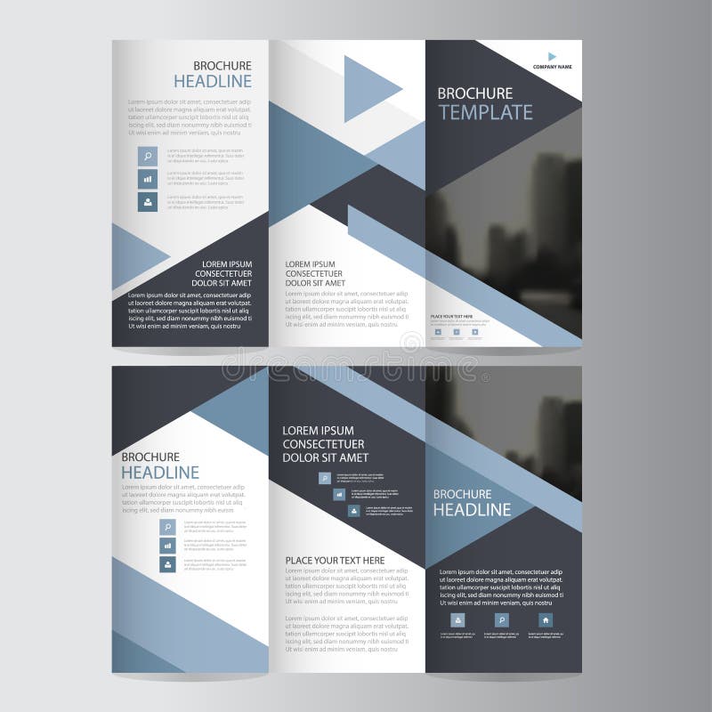 Blue triangle business trifold Leaflet Brochure Flyer report template vector minimal flat design set, abstract three fold royalty free illustration