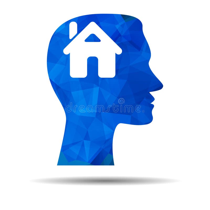 Blue Triangle design icon with human head, brain and house.