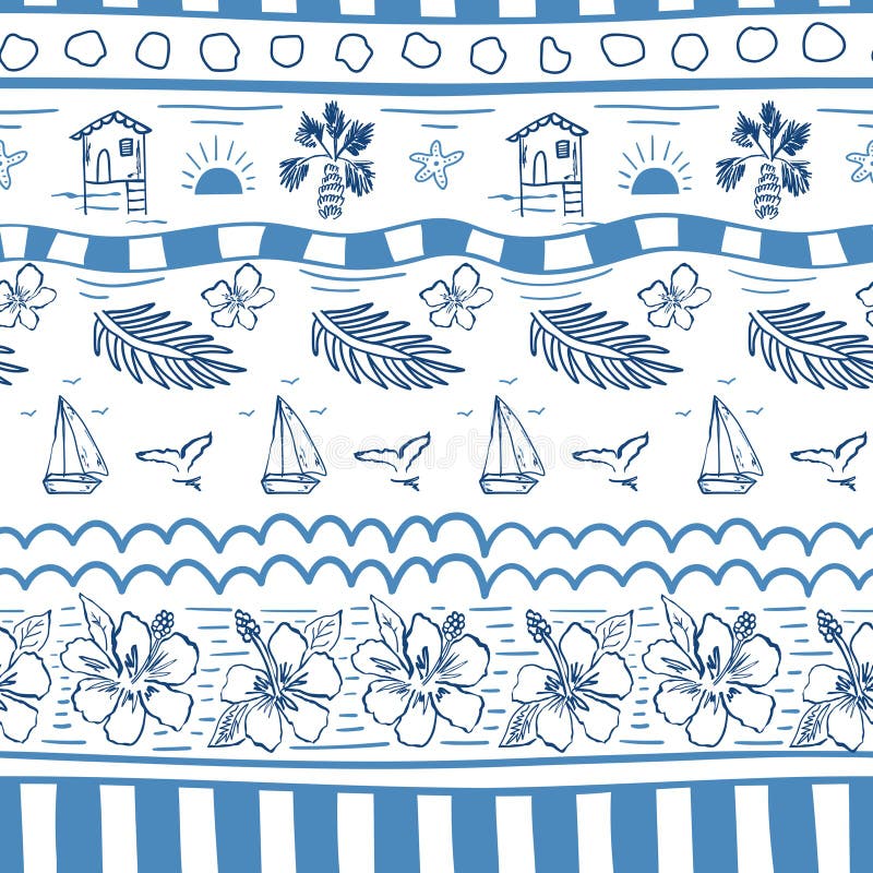 Blue tropical sea striped seamless pattern. Vector sketch coastal background, summer vacation wallpaper. Ink drawing stock images