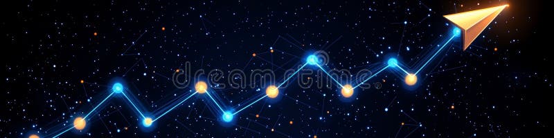 Blue Upward Trending Arrow Graph with Orange Dots on a Dark Blue Background with White Specks vector illustration