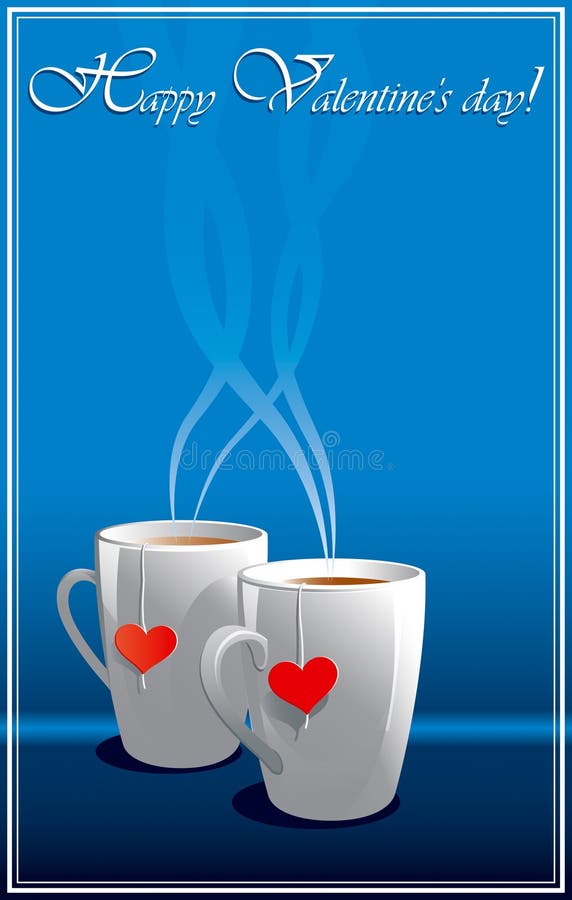 Dos té tazas sobre el azul corazón rojo (tarjeta de felicitación) 