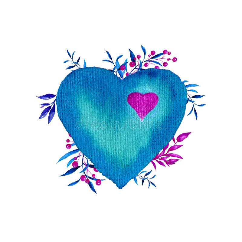 Blue valentines heart with blue plants isolated on white background. stock illustration