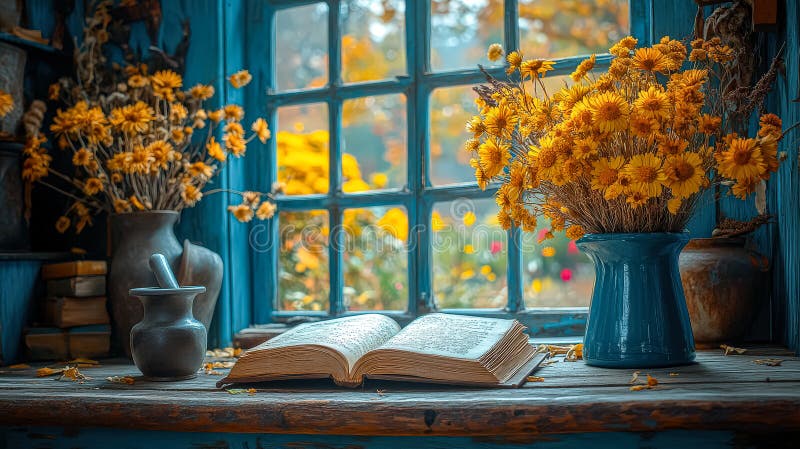 Blue vase with flowers sits on a table next to an open book stock images