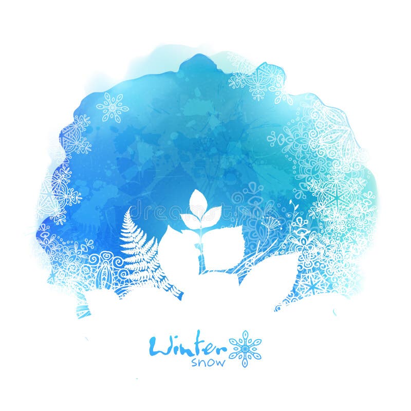 Blue vector watercolor stain with white foliage