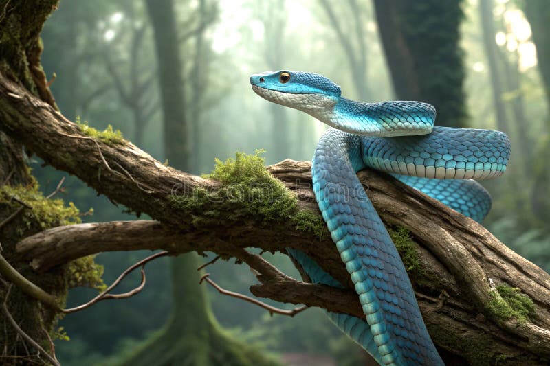 Blue viper snake coiled on twisted tree branch with detailed scales vector illustration