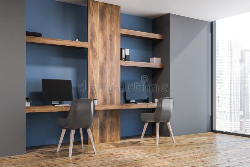 Blue Wall Home Office for Freelance Work Side View Stock Illustration -  Illustration of background, blank: 122965116