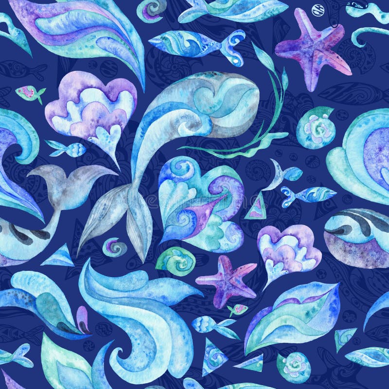 Nautical underwater texture with fishes, whales, starfishes, shells and waves isolated on blue background for wallpaper and fabric design. Nautical underwater texture with fishes, whales, starfishes, shells and waves isolated on blue background for wallpaper and fabric design