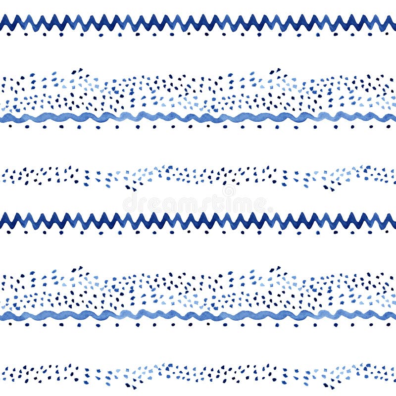 Blue watercolor hand-drawn waves and zigzag with dots on white background - seamless pattern