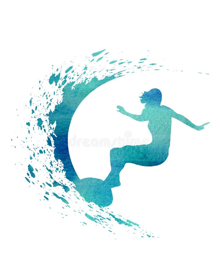 Blue Watercolor Surfer with Wave illustration Poster Card vector illustration