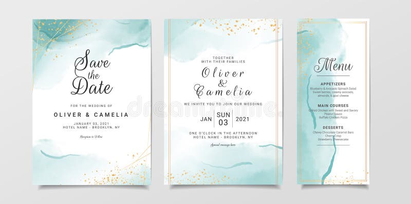 Blue watercolor wedding invitation card template set with gold glitter and line decoration. Abstract background save the date