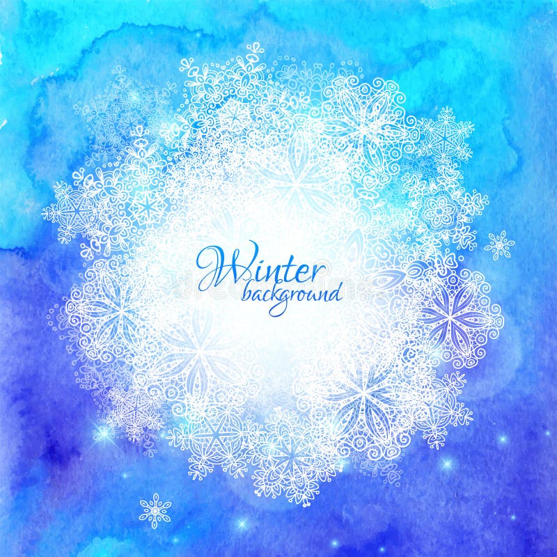 Blue watercolor winter background with snowflakes