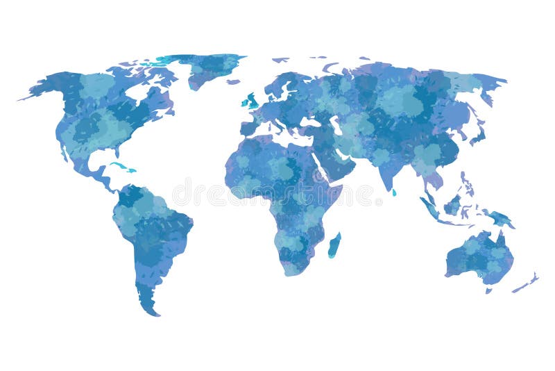 Blue Watercolor World Map Vector Illustration With Different Continents