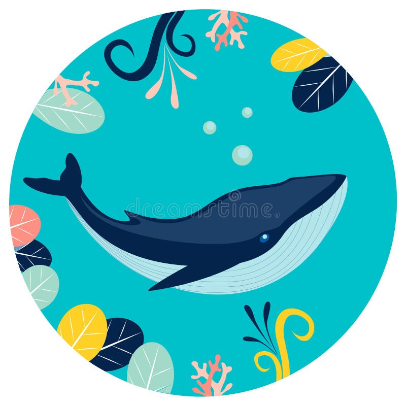 Blue whale under water in round background. Flat style. Cartoon vector royalty free illustration Blue whale under water in round background. Flat style. Cartoon vector royalty free illustration