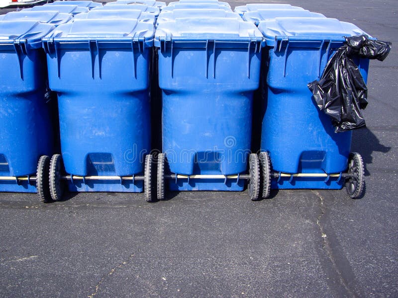 Blue Wheeled Trash Cans and Plastic Garbage Bag Stock Image Image of