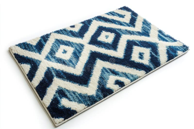 A blue and white area rug placed on a white surface stock image