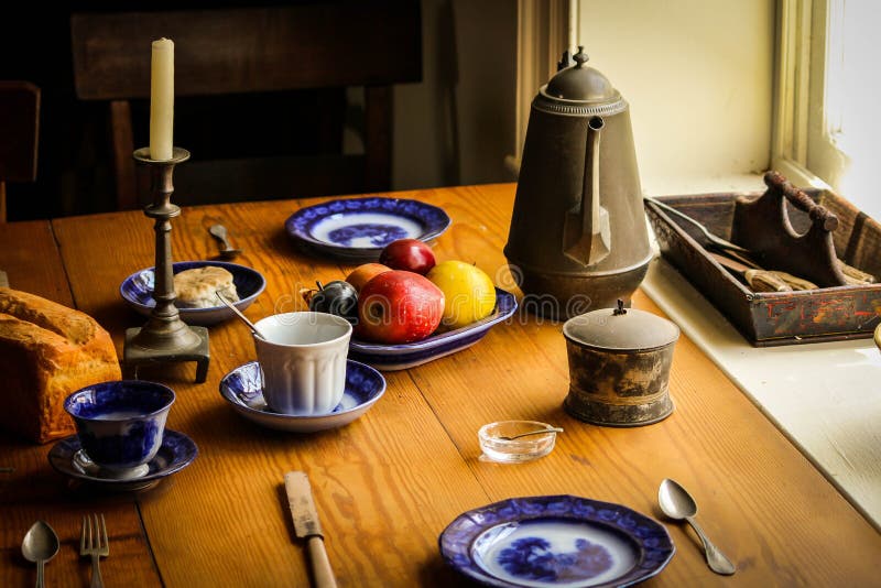 Blue And White Ceramic Plate Next To Apple Fruit And Brown Tea Pot Free Public Domain Cc0 Image