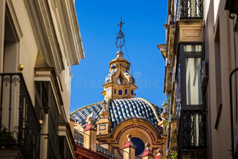 Blue and white ceramic tiled roof on church in Seville, Spain royalty free stock image Blue and white ceramic tiled roof on church in Seville, Spain royalty free stock image
