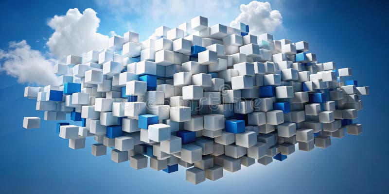 Blue and White Cube Cloud - 3D Rendering - Digital Art - Abstract Concept - Minimalism royalty free illustration
