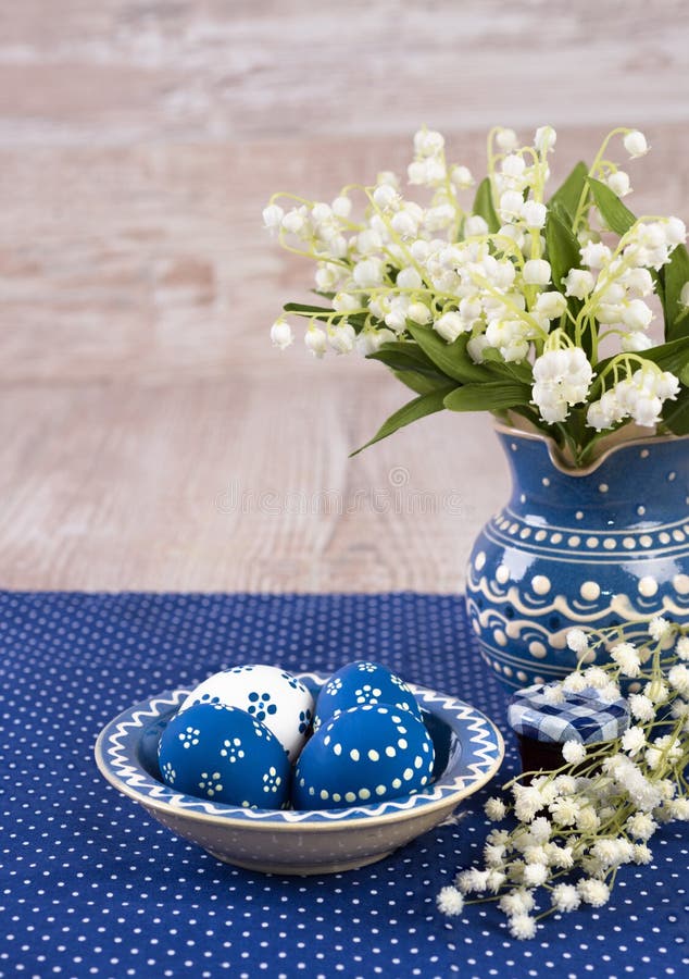 Blue And White Easter Decorations On Wood, Text Space Stock Photo