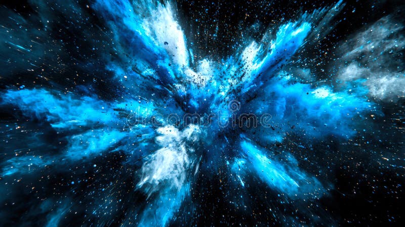 A blue-white explosion in deep dark space. Blue, black and white colors of holi paints explode in the air. A stylish backdrop for royalty free illustration