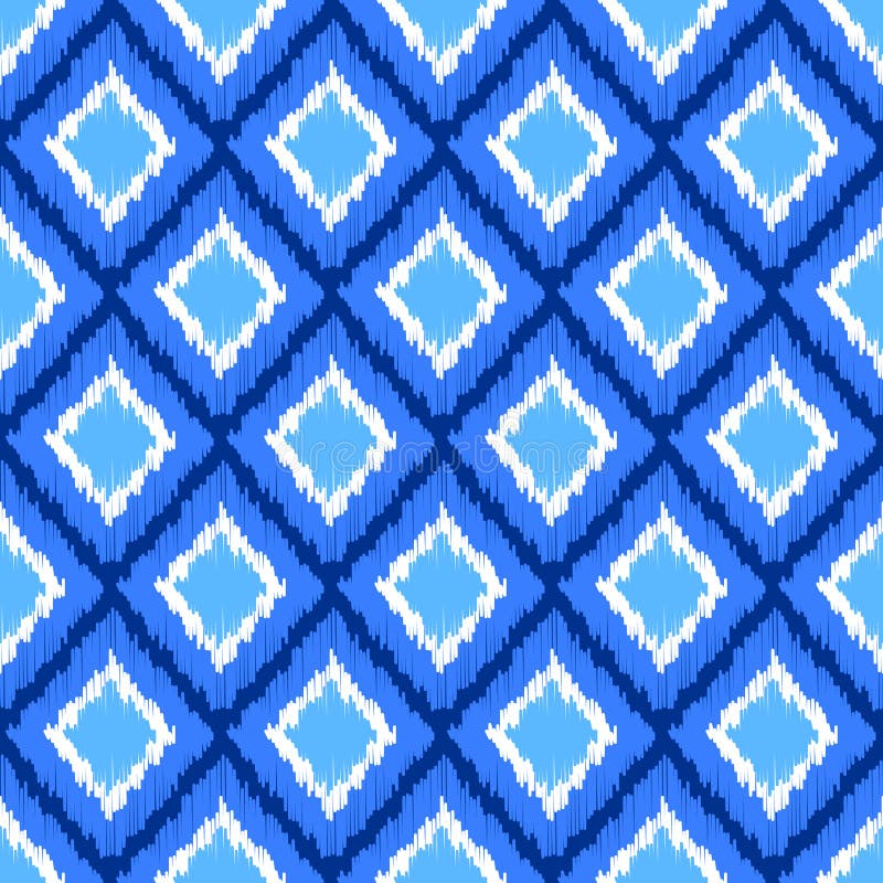 Blue and white ikat ornament geometric abstract fabric seamless pattern, vector