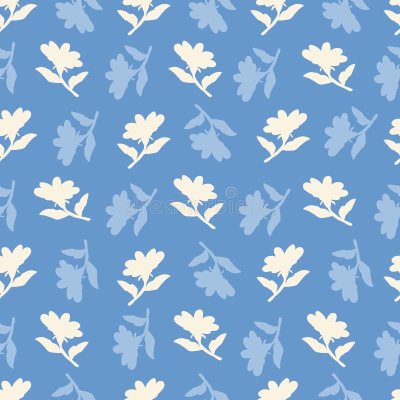 Blue and White Retro Flower Silhouette Vector Background Pattern Stock
