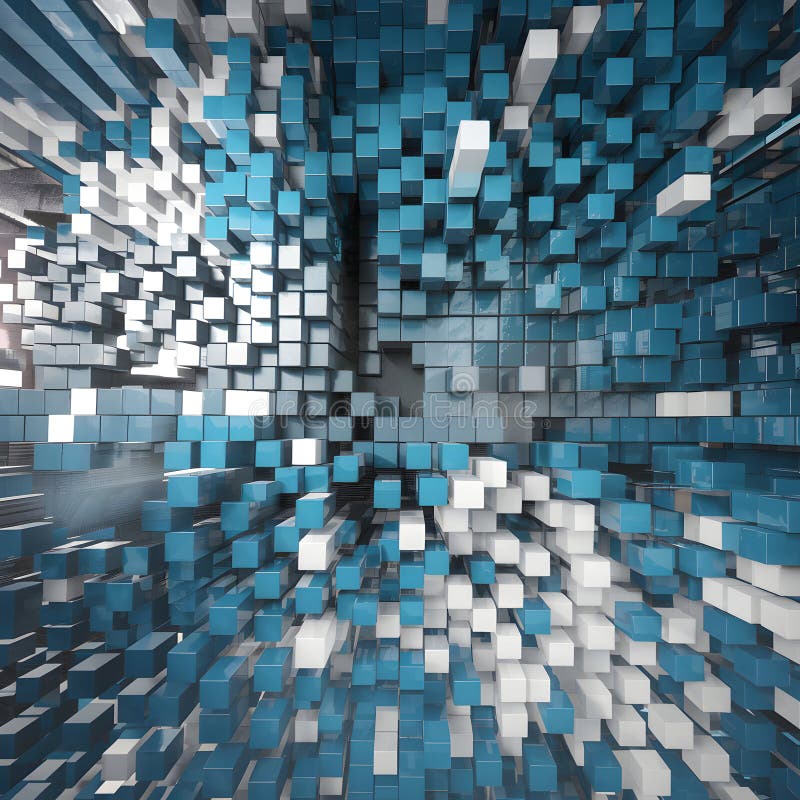 Blue white suspended cubes, abstract digital depth effect in futuristic space stock illustration