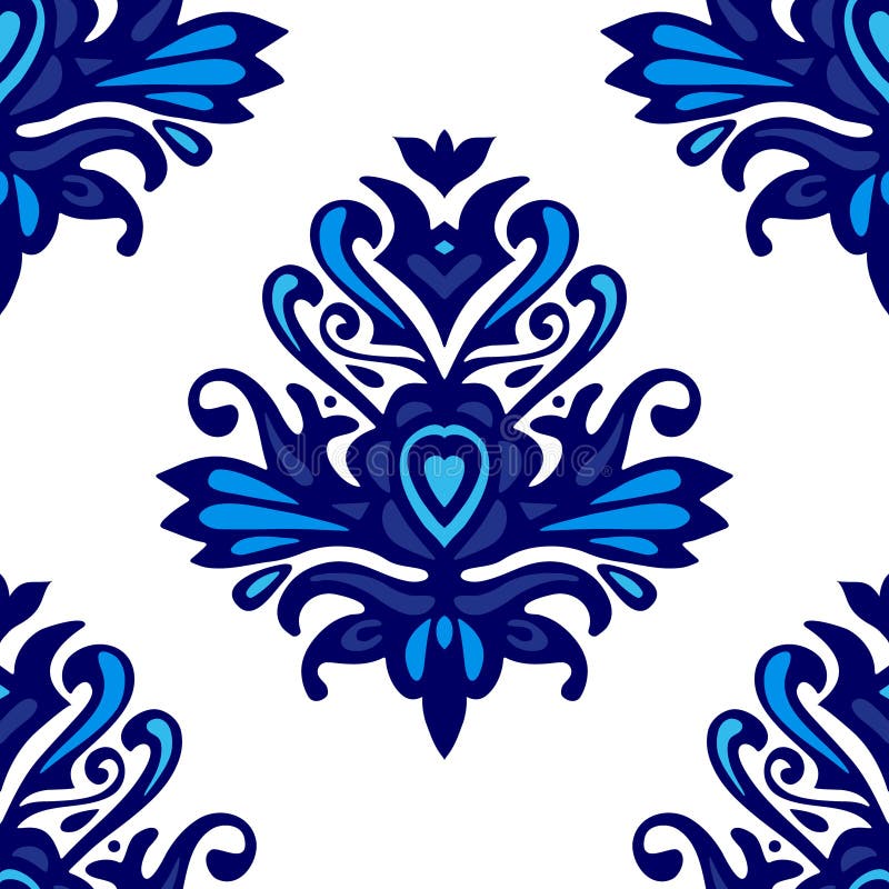 Blue and White Vector Damask Pattern for Fabric Stock Vector