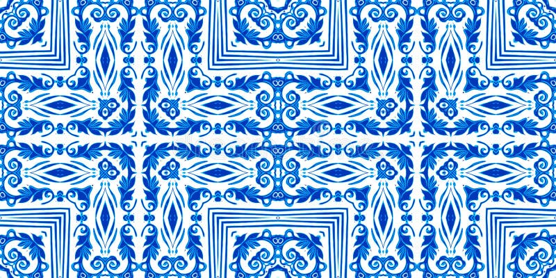 Blue White Watercolor Azulejo Tile Border Background. Seamless Coastal ...