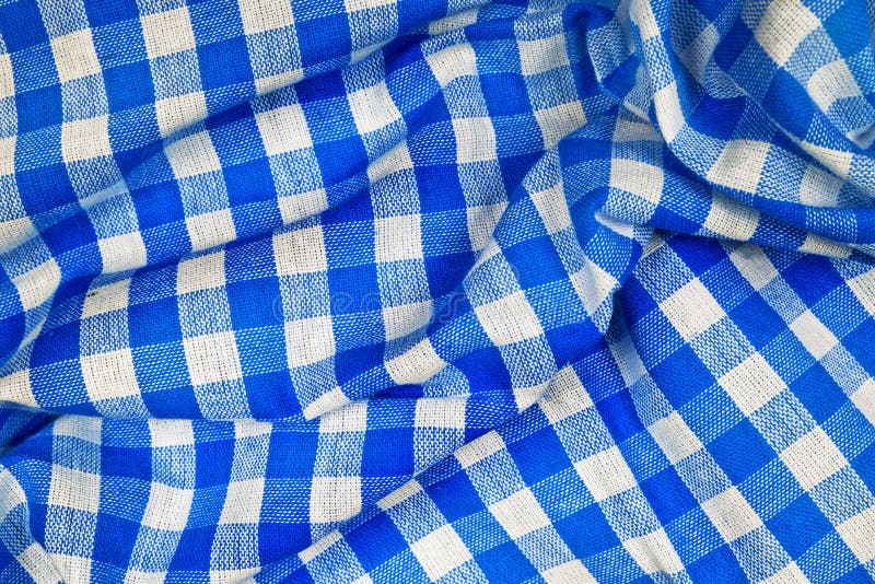 Blue And White Wrinkled Checkered Bavarian Tablecloth Stock Photo