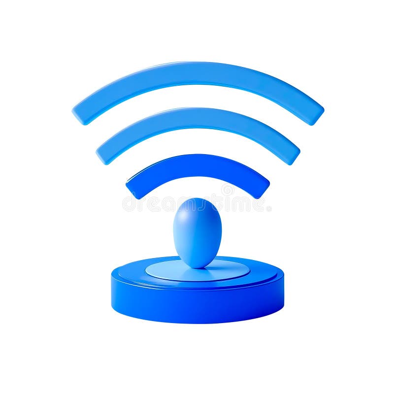 A blue wifi signal icon with three curved lines and a sphere on a platform isolated vector illustration