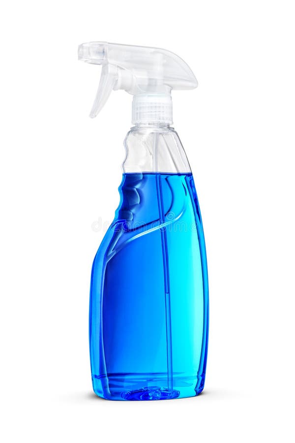 Blue window cleaner in plastic bottle with sprayer isolated on white royalty free stock photos