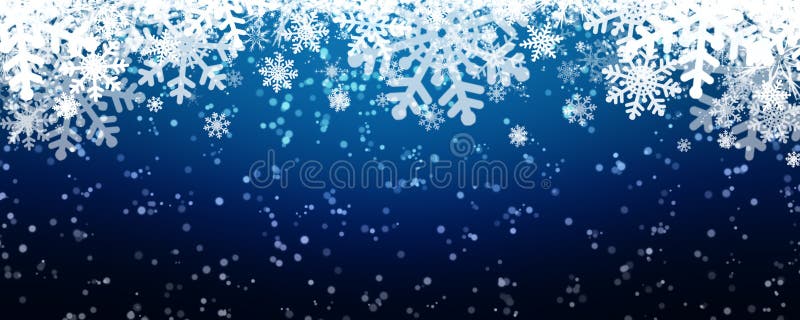 Blue winter background with snow and snowflackes. Long format. Fon view illustrations