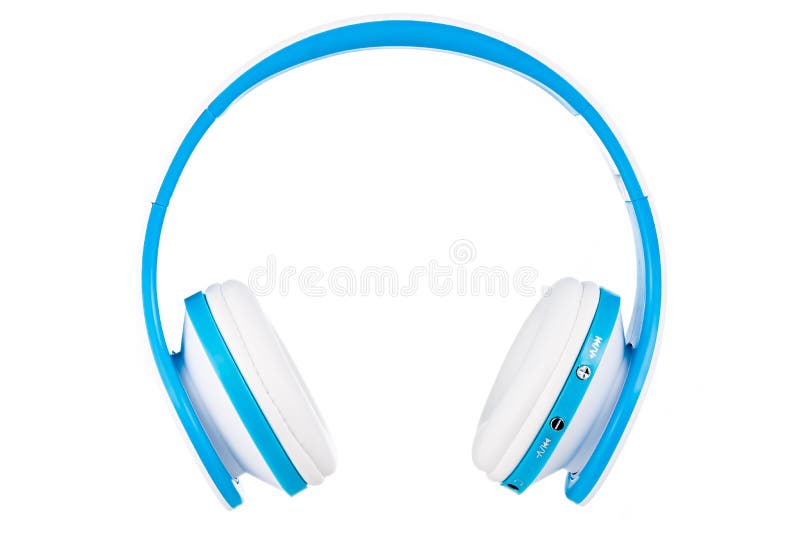 Blue Wireless Headphones Front View Isolated on White Stock
