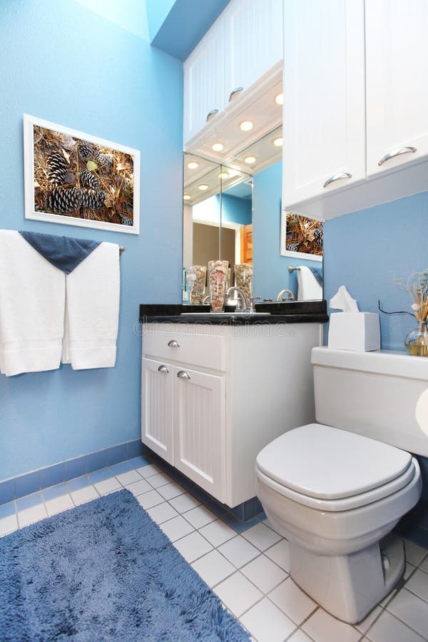Blue Wnad White Small Bathroom Sink and Toilet. Stock Photo Image of