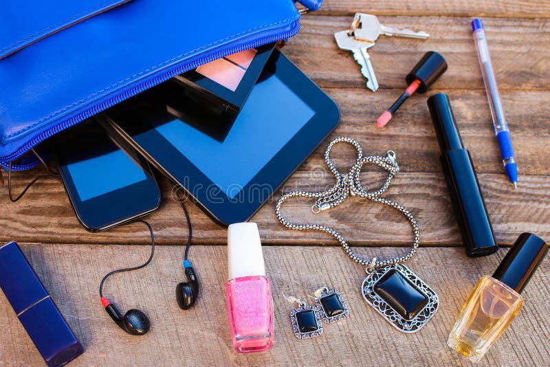 Blue women s purse. Things from open lady handbag