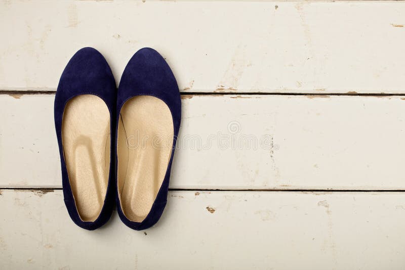 Blue Women`s Shoes Ballerinas on Wooden Background. Stock Image - Image ...