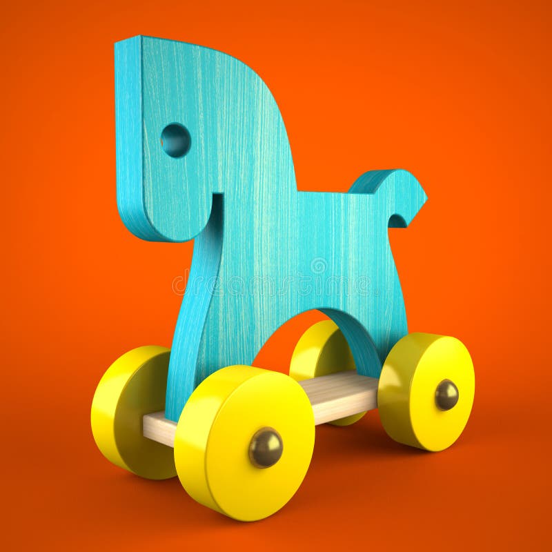 Blue wood horse toy on red background (symbol of the new year 2014)