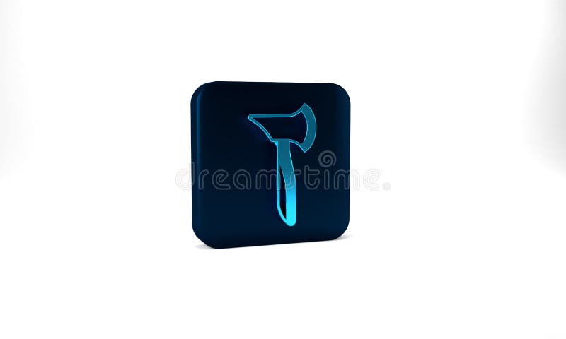 Blue Wooden axe icon isolated on grey background. Lumberjack axe. Blue square button. 3d illustration 3D render.