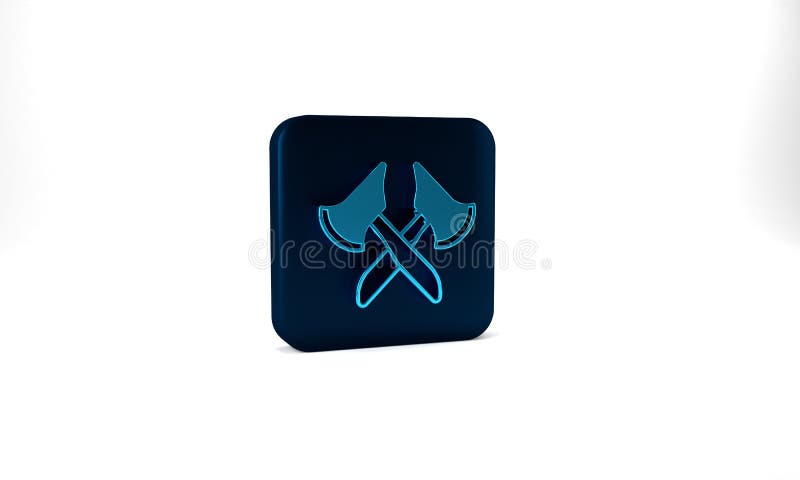 Blue Wooden axe icon isolated on grey background. Lumberjack axe. Blue square button. 3d illustration 3D render.