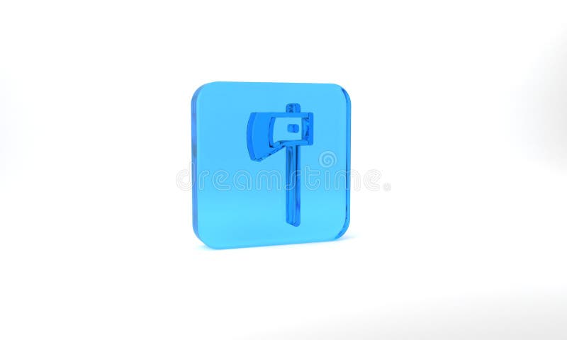 Blue Wooden axe icon isolated on grey background. Lumberjack axe. Glass square button. 3d illustration 3D render.