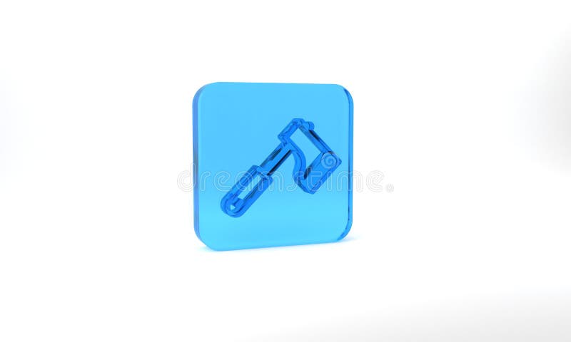Blue Wooden axe icon isolated on grey background. Lumberjack axe. Glass square button. 3d illustration 3D render.