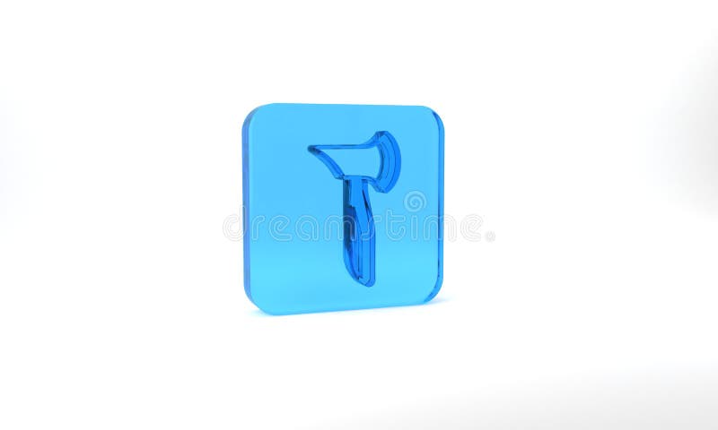 Blue Wooden axe icon isolated on grey background. Lumberjack axe. Glass square button. 3d illustration 3D render.