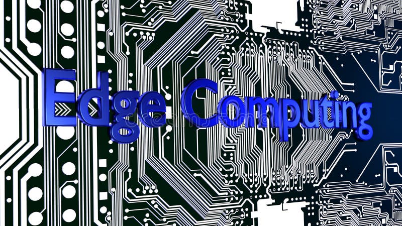 Blue word Edge computing on top of glowing circuit board 3D vector illustration