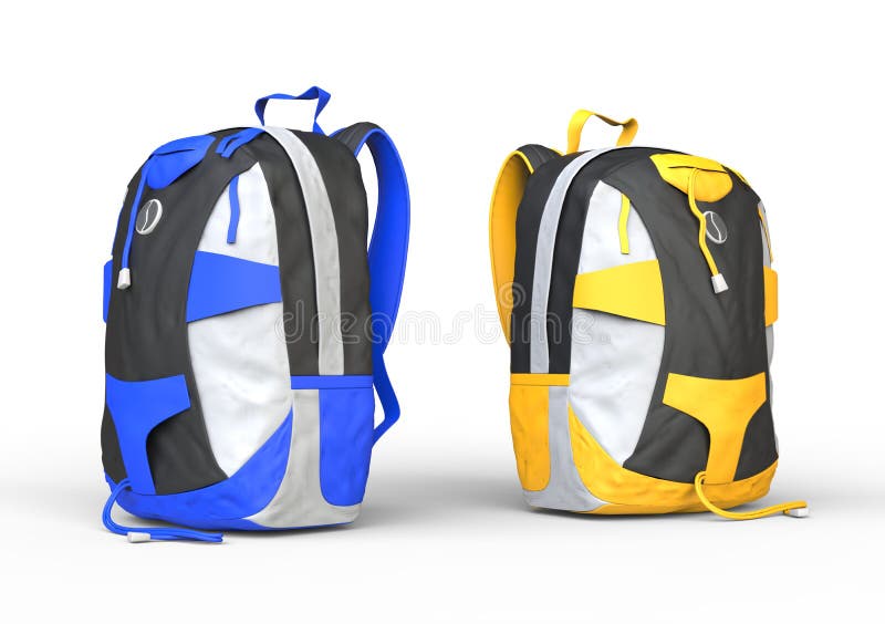 Blue and yellow backpacks on white background